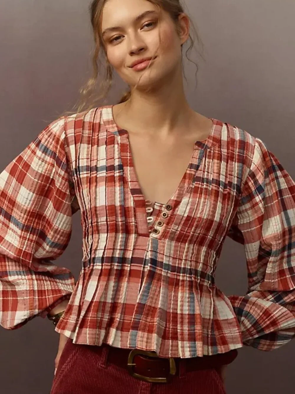 Pilcro Long-Sleeve Pleated Swing Blouse Plaid Preppy Academia Schoolgirl Boho XS - Picture 1 of 15